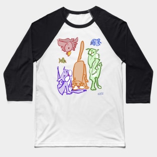 The Disposition of Cats, three cartoon kitties, two expressive  birds, and a fish Baseball T-Shirt